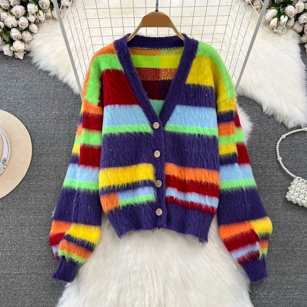 Pre Order:  Rainbow Stripes Knit Sweater   Skirt Set