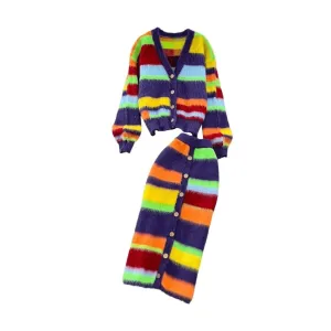 Pre Order:  Rainbow Stripes Knit Sweater   Skirt Set