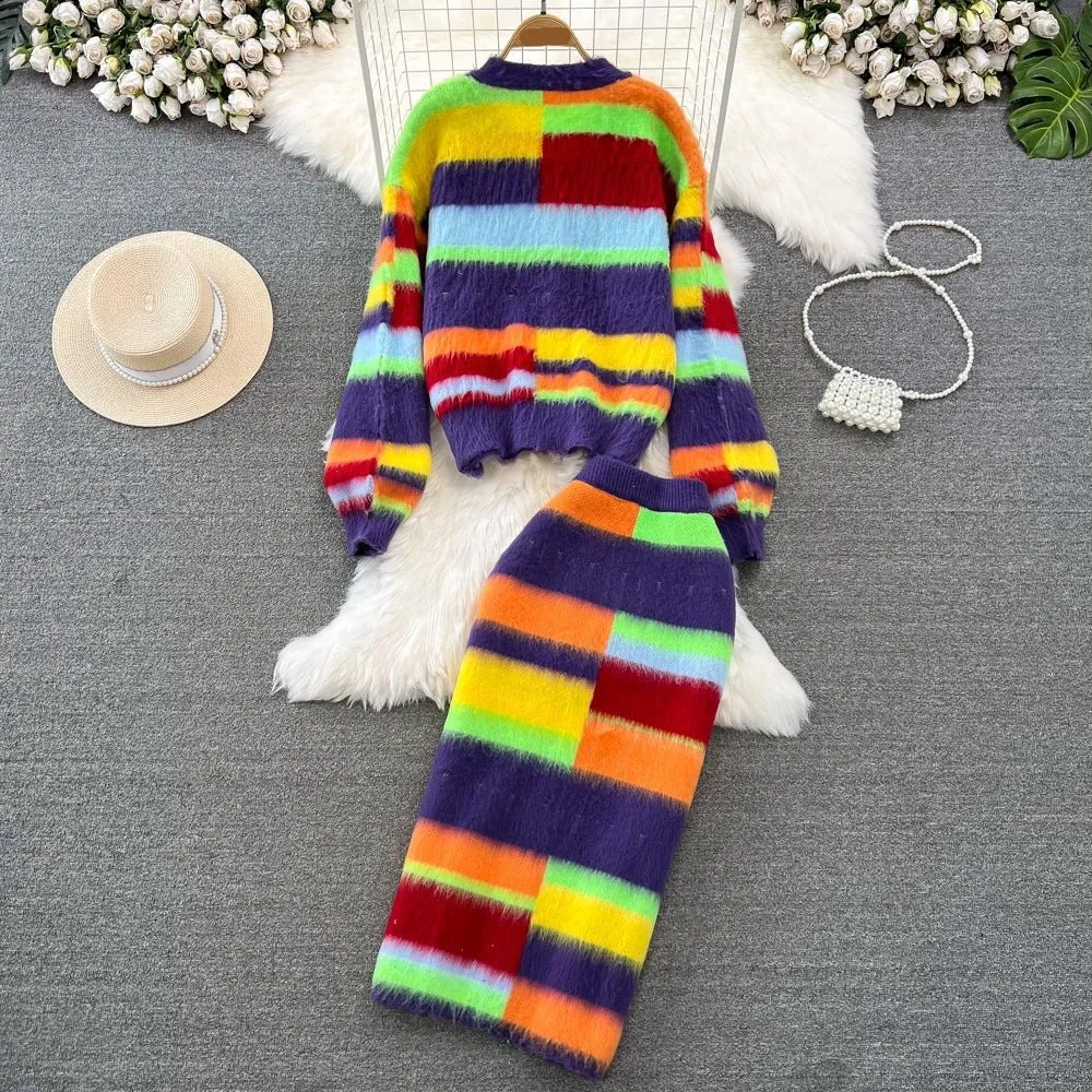 Pre Order:  Rainbow Stripes Knit Sweater   Skirt Set