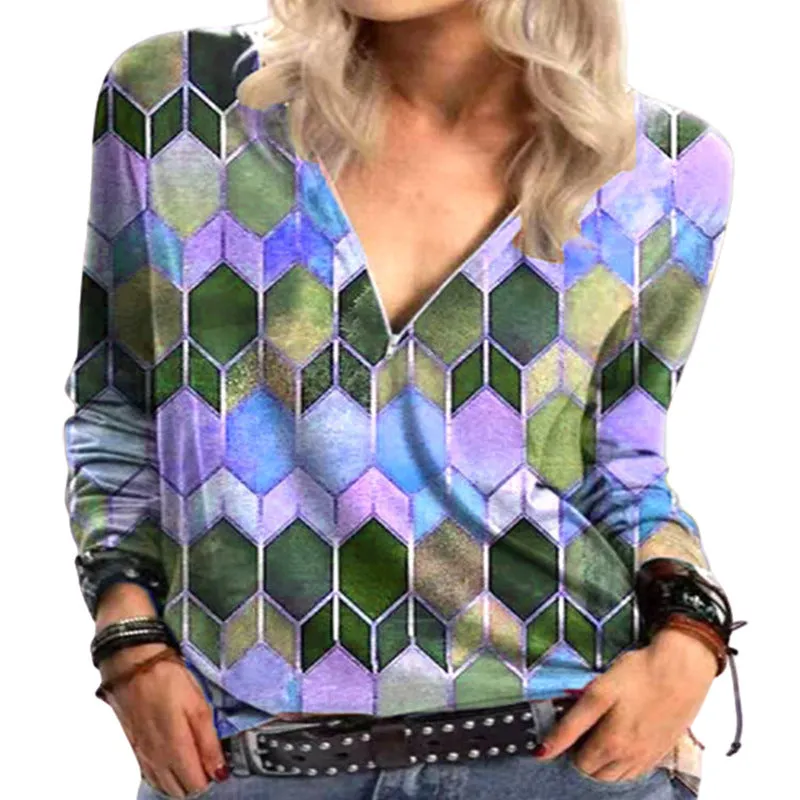 Printed loose V-neck long-sleeved t-shirt