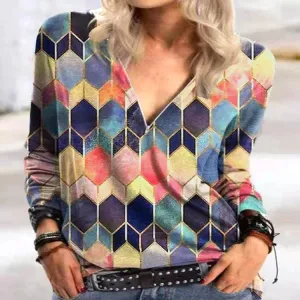 Printed loose V-neck long-sleeved t-shirt