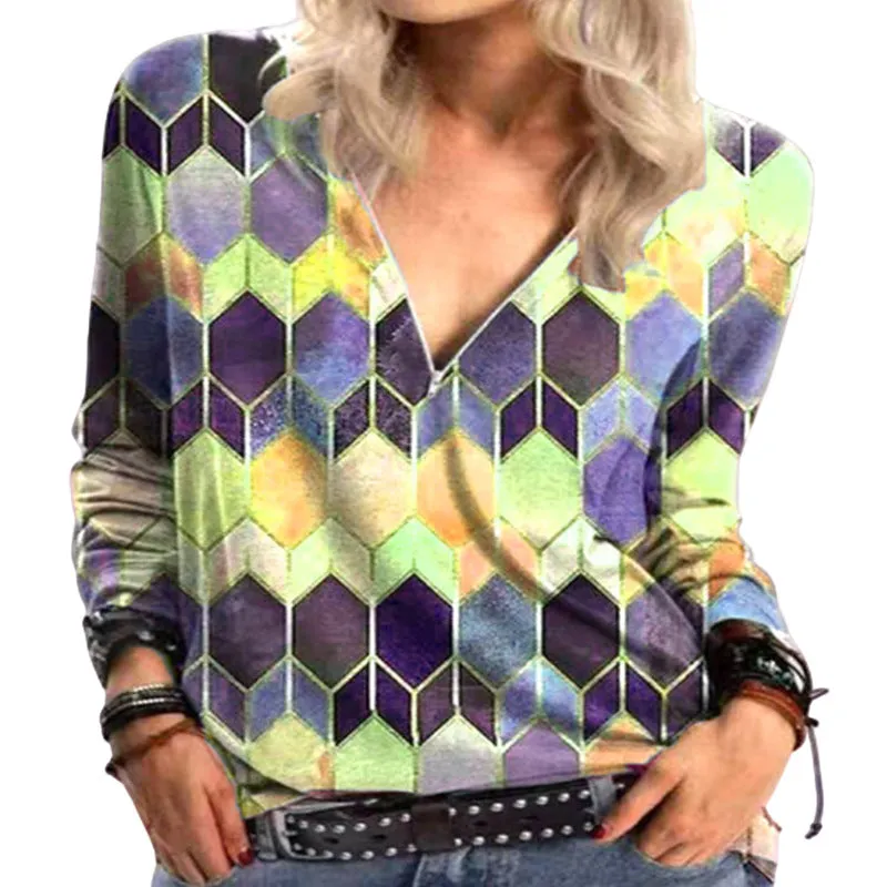 Printed loose V-neck long-sleeved t-shirt