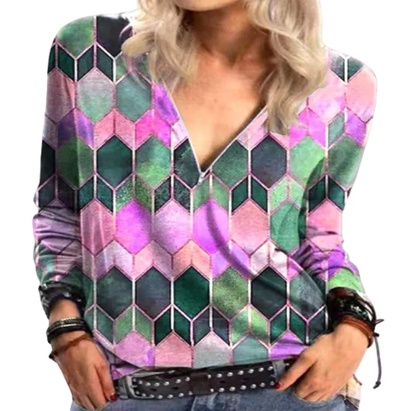 Printed loose V-neck long-sleeved t-shirt