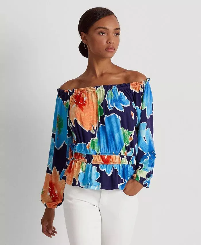 Ralph Lauren Floral Womens Multicolor Ruffle Peplum Off the Shoulder top, size M