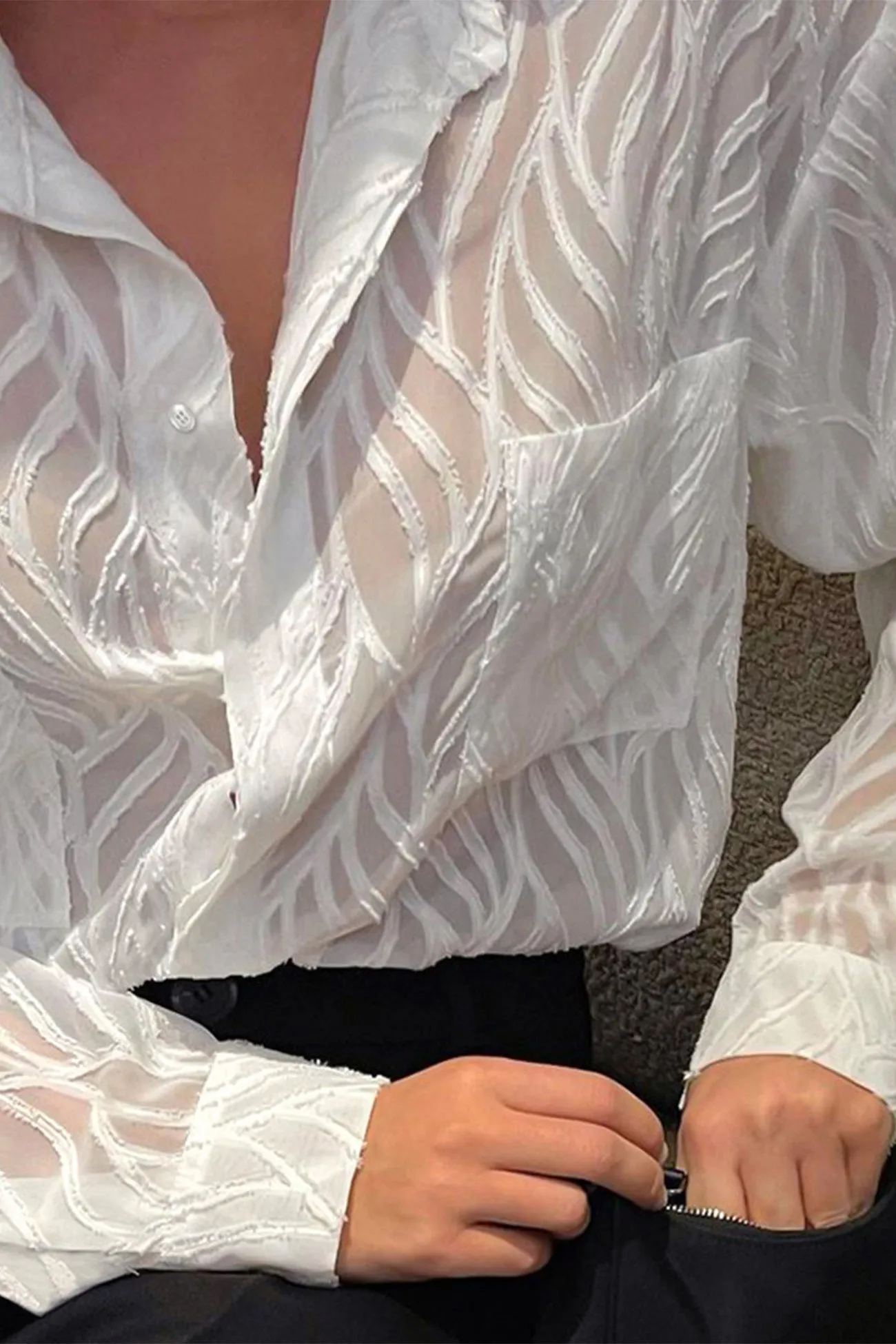 Sheer Textured Button-Up Long Sleeve Blouse