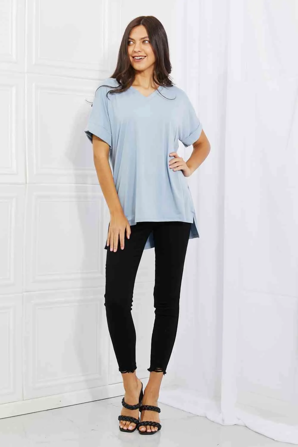 Simply Comfy Full Size V-Neck Loose Fit T-Shirt in Blue