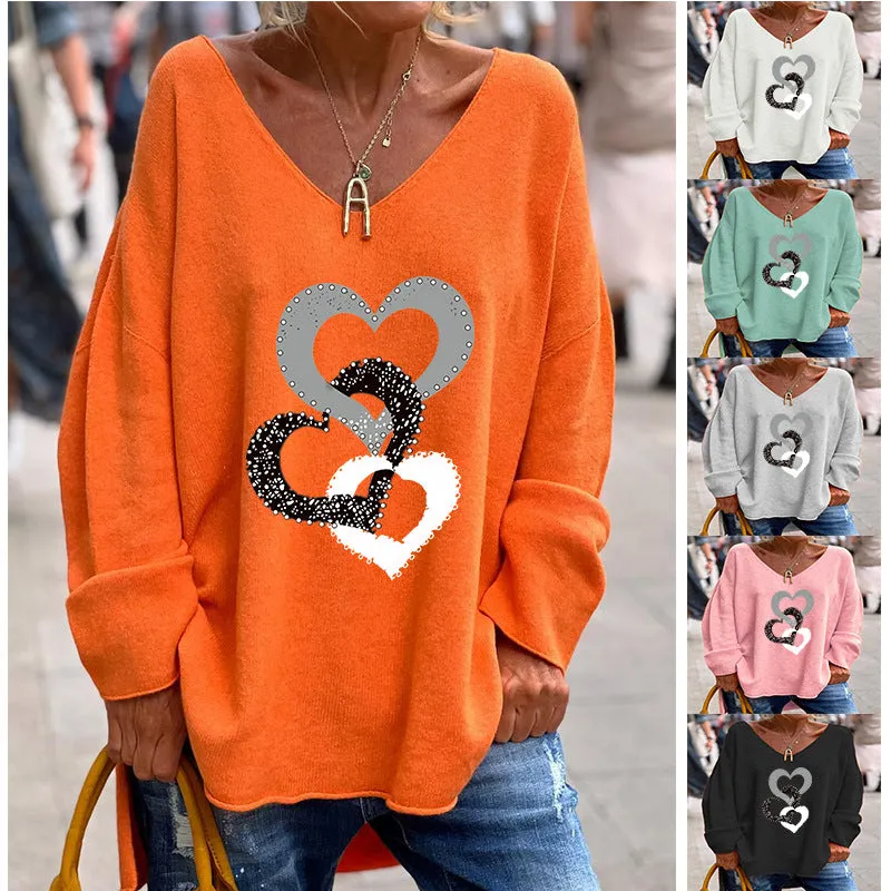 Solid Color And V-neck Long Sleeve Loose Casual And Comfortable Top