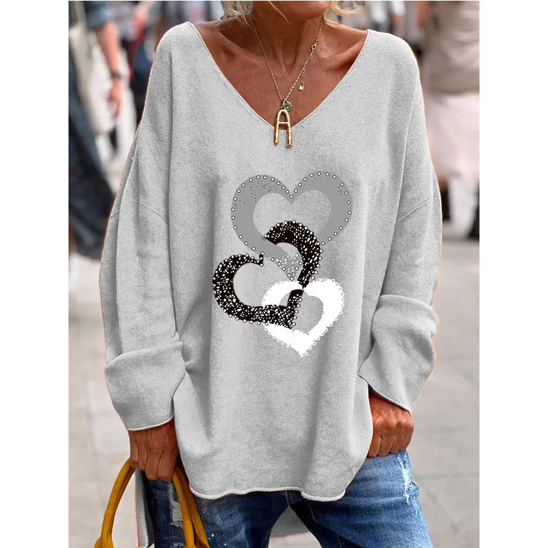 Solid Color And V-neck Long Sleeve Loose Casual And Comfortable Top