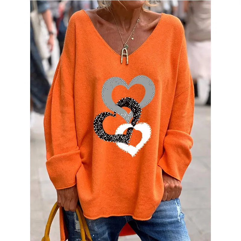 Solid Color And V-neck Long Sleeve Loose Casual And Comfortable Top