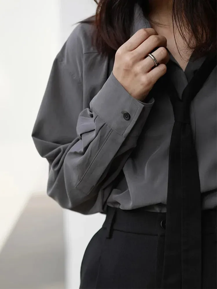 Spring Long Sleeve Button Up Solid Ties Loose Blouse