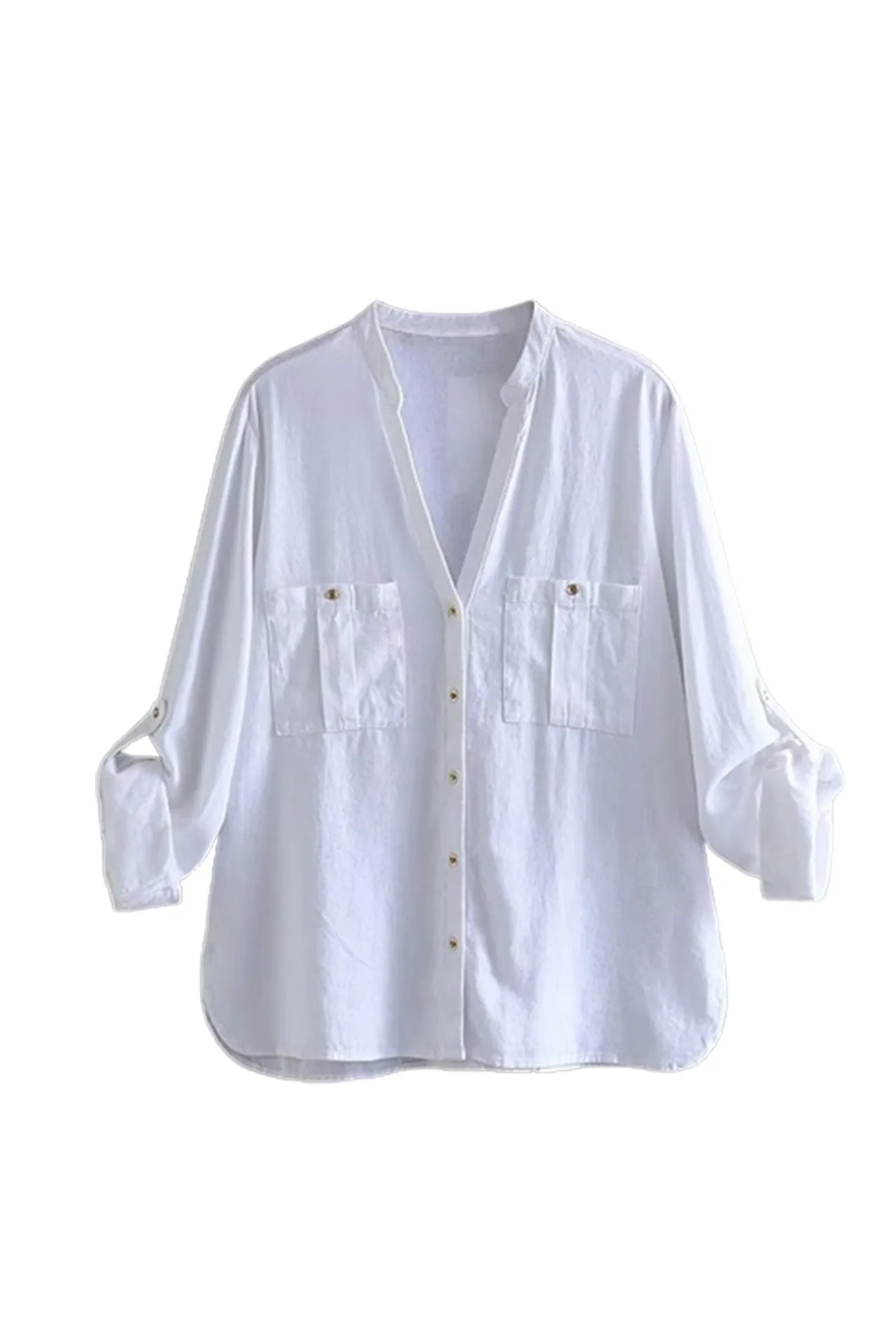 V-neck Pocket Roll-up Sleeve Button-Up Blouse