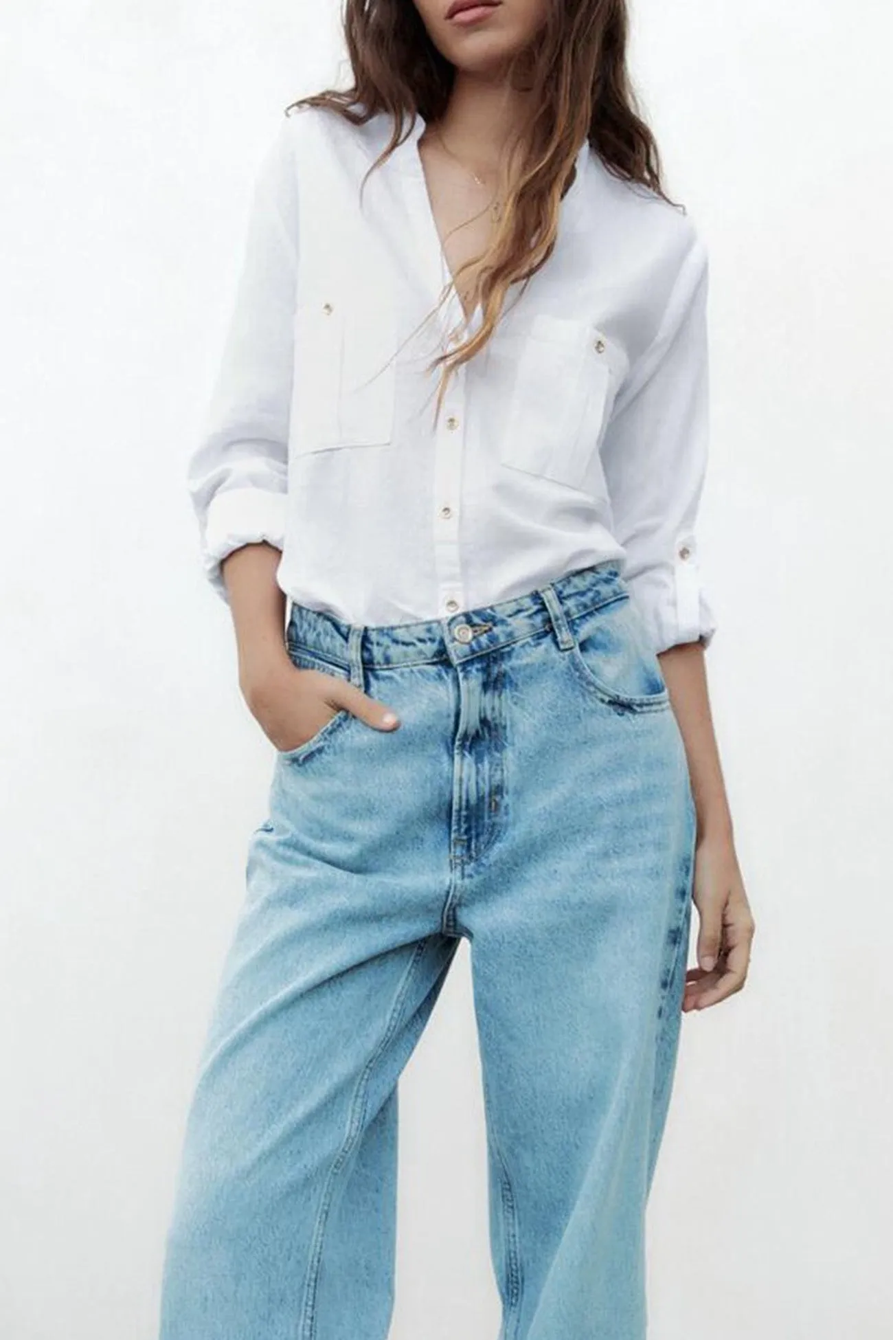 V-neck Pocket Roll-up Sleeve Button-Up Blouse