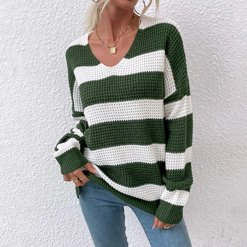 V-neck striped stitching waffle sweater women