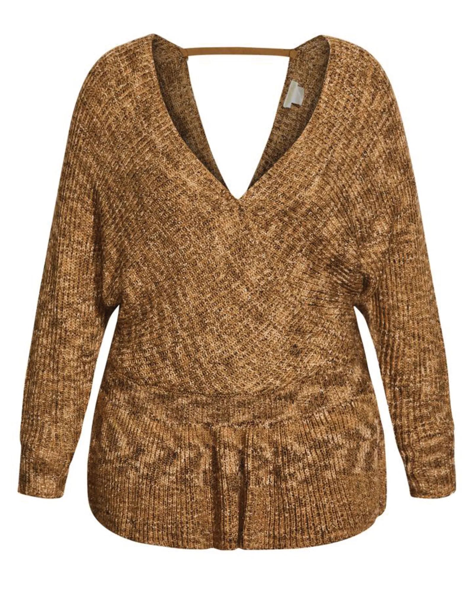 Western V-Neck Knit Peplum Sweater | Caramel