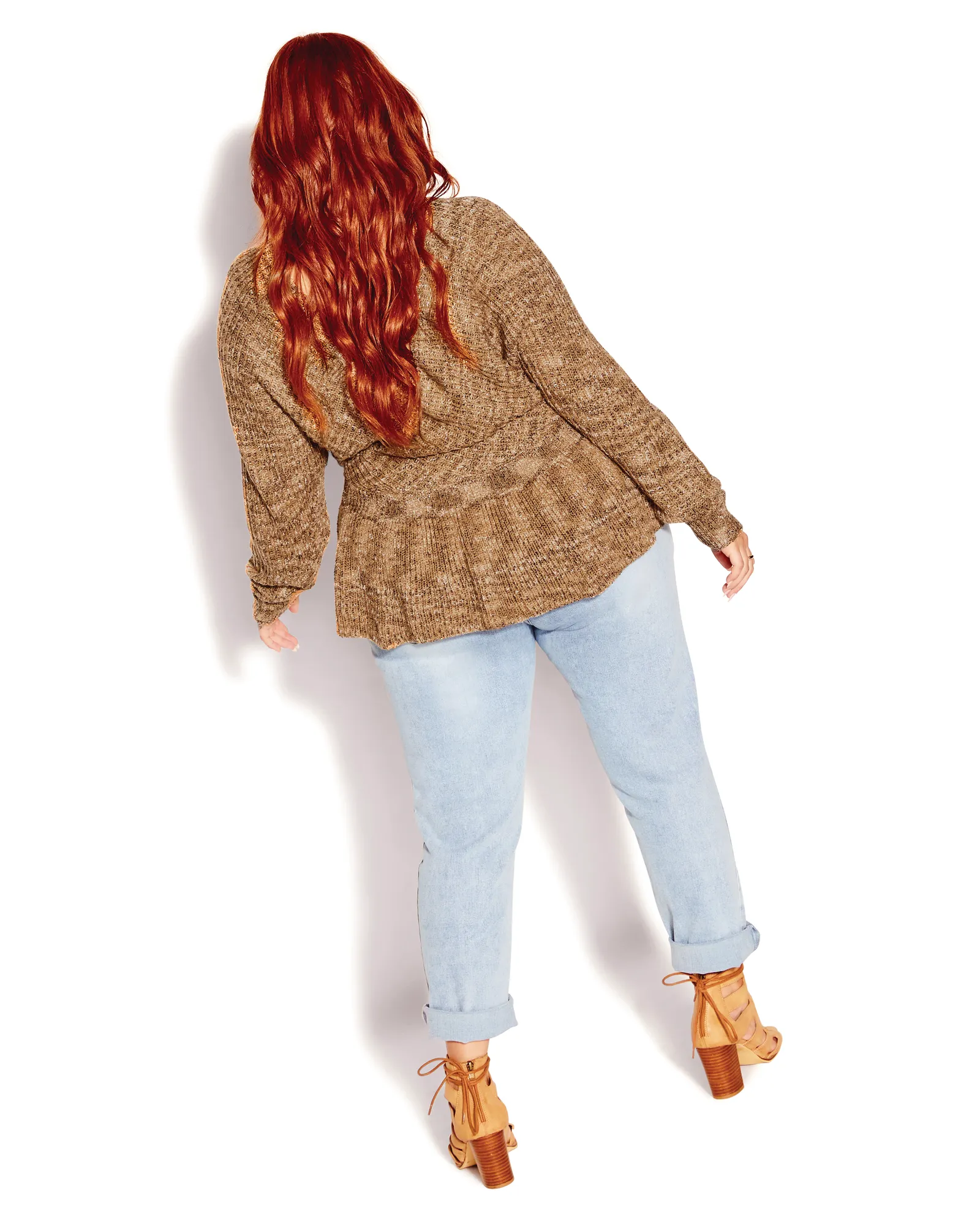 Western V-Neck Knit Peplum Sweater | Caramel