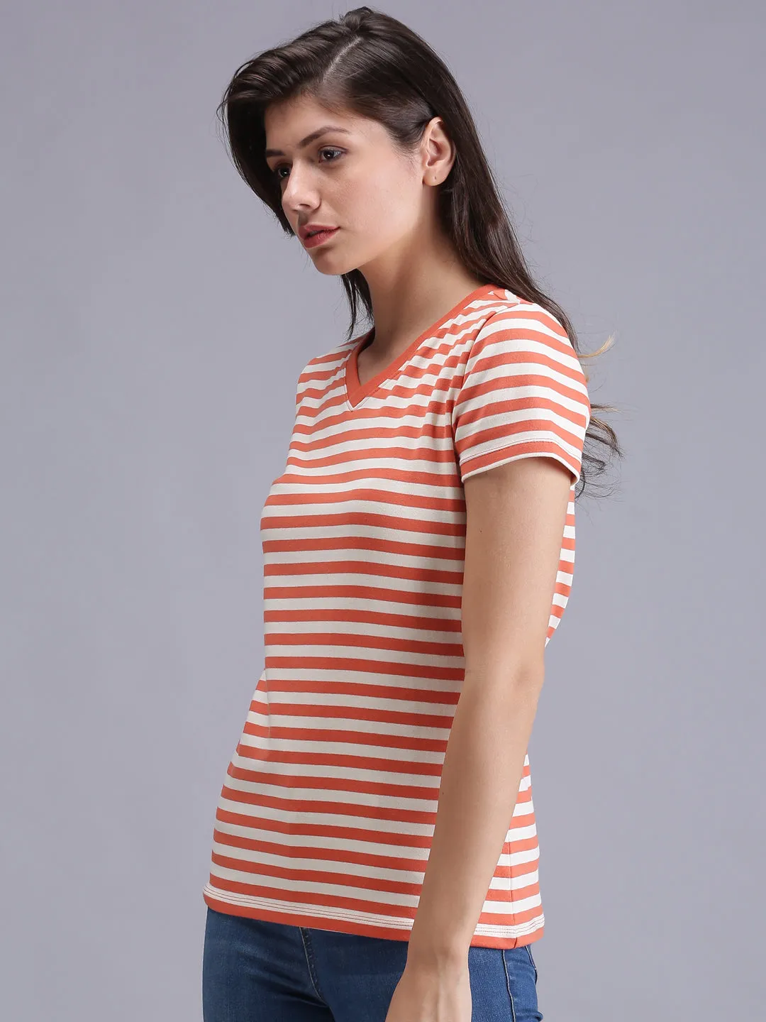 Women Orange Striped V-Neck T-shirt