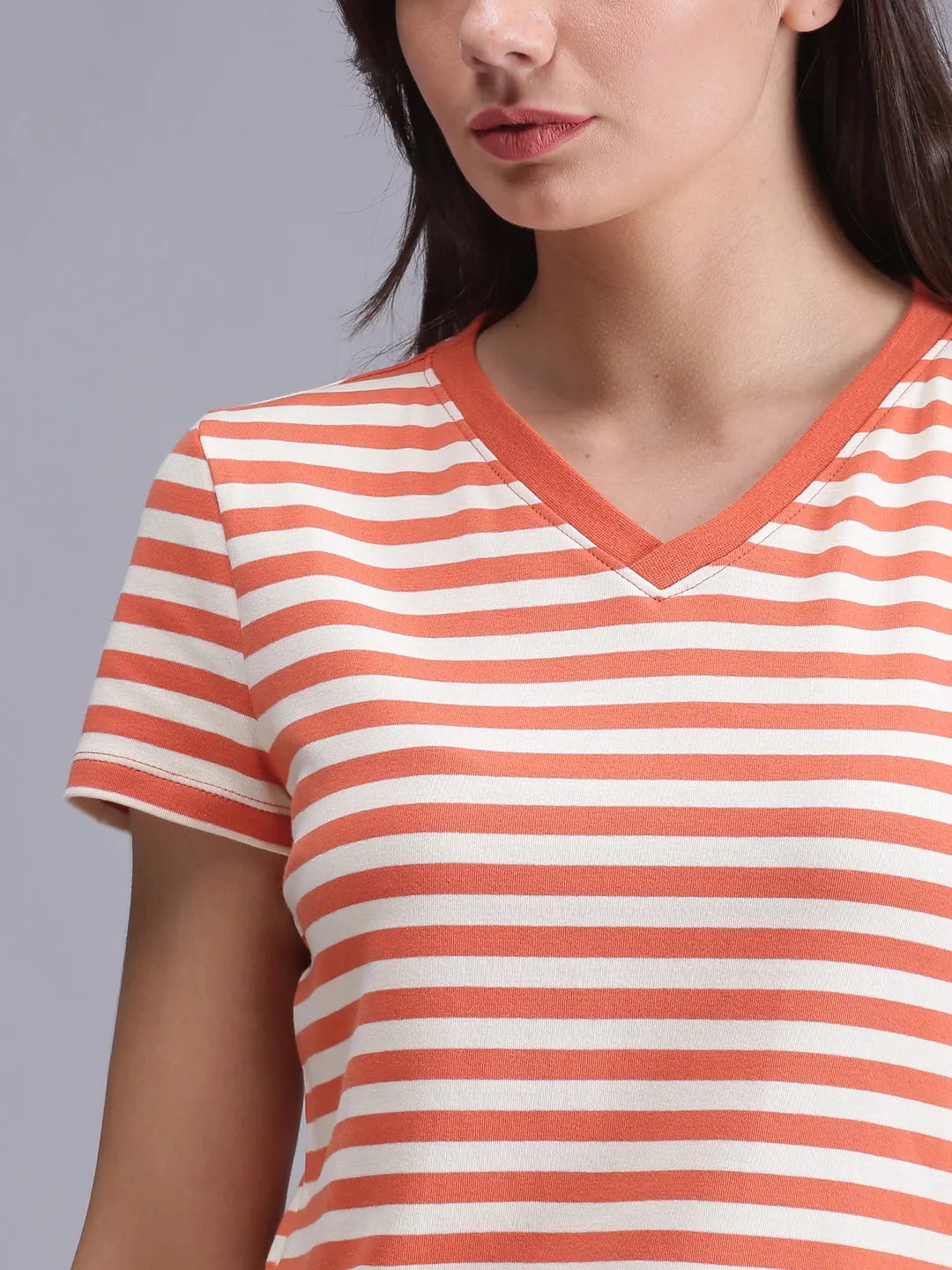 Women Orange Striped V-Neck T-shirt