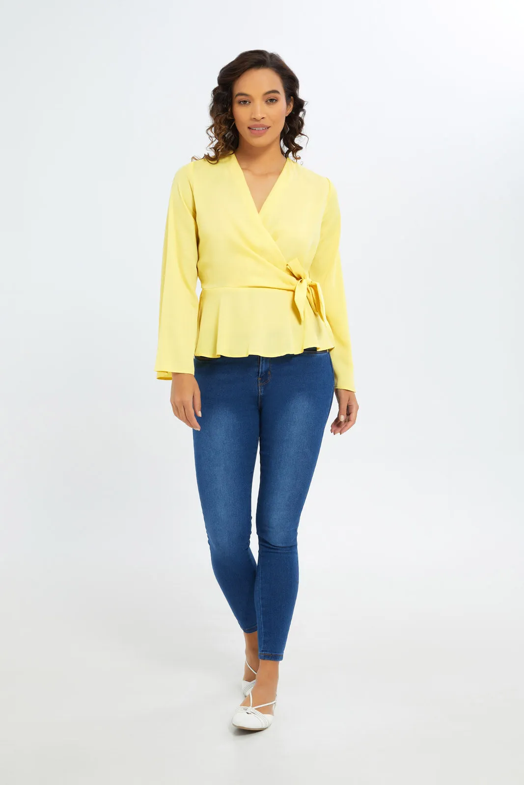 Women Yellow Peplum Wrap Blouse