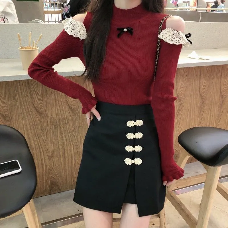 Women's Lace Stitching Hollow-out Short Long-sleeved Sweater